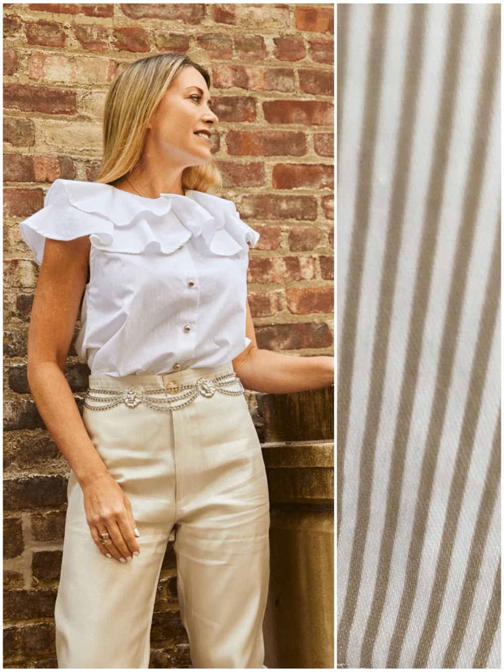 BURU White Tan Pinstripe Sleeveless Ruffle Blouse Womens Size Small.    Sk3